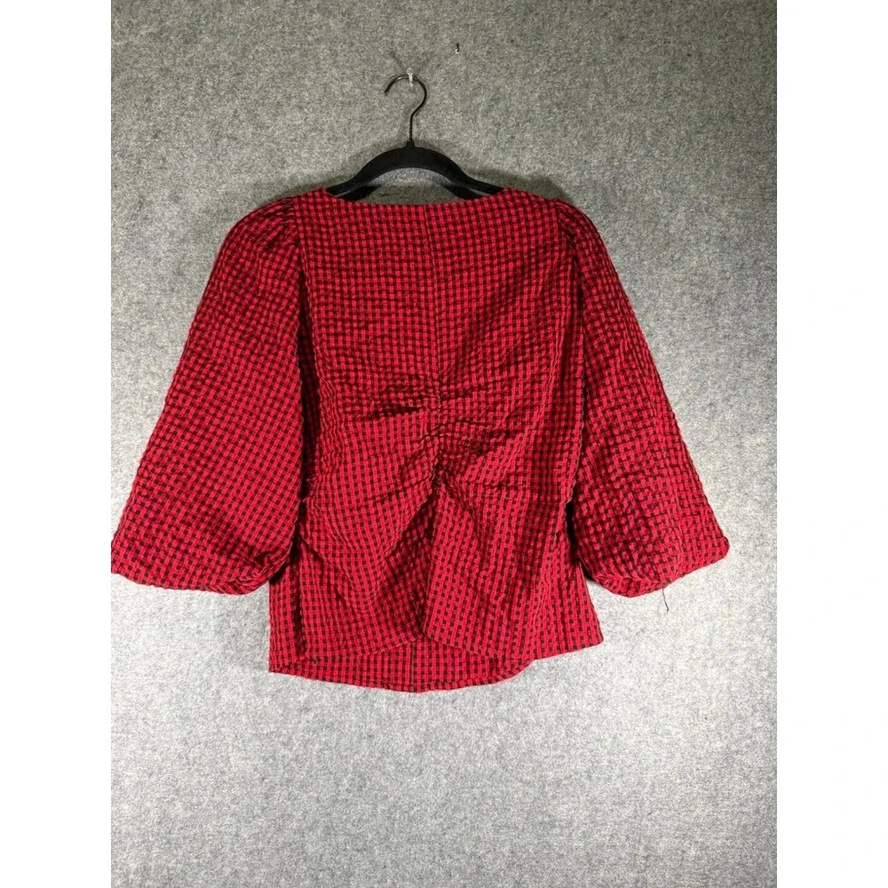 LOFT Women 6 Red Black Gingham Square Neck Puff Sleeve Button Front Top Academic